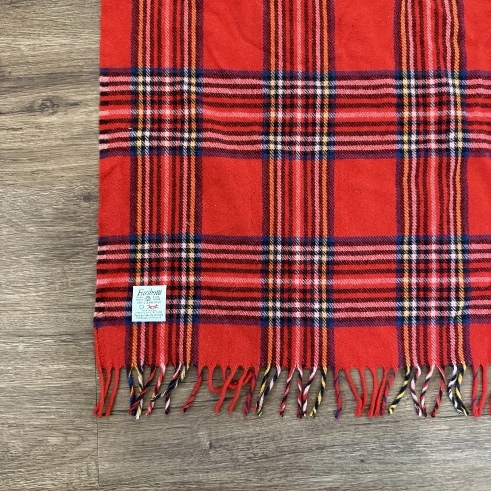 Vtg Faribo Wool Throw Blanket Faribault Woolen Mill Red Plaid Fringe Made in USA
